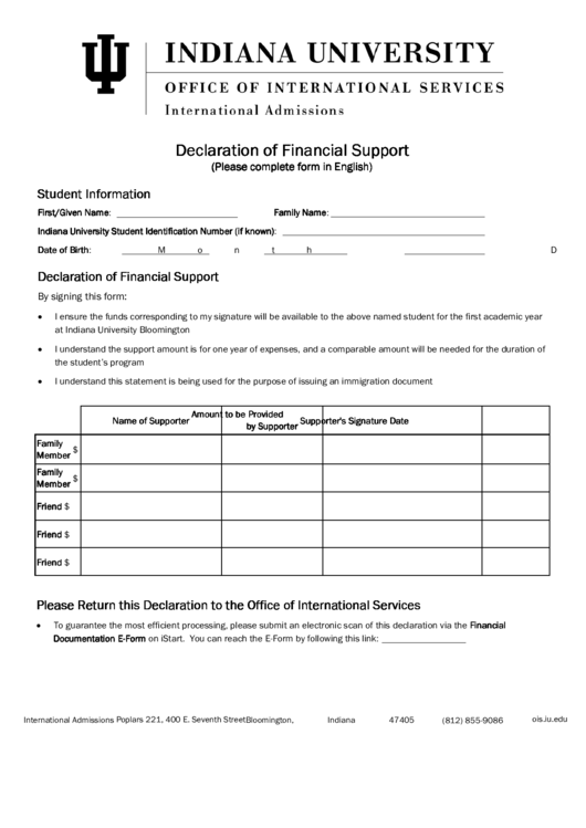 Fillable Indiana University Declaration Of Financial Support Printable pdf