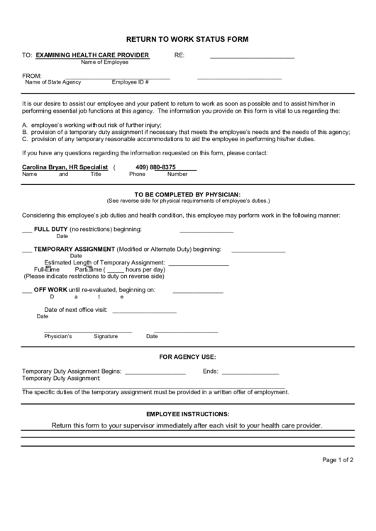 Return To Work Status Form Printable pdf
