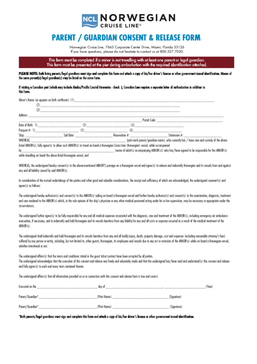 Norwegian Cruise Line Parent / Guardian Consent & Release Form Printable pdf
