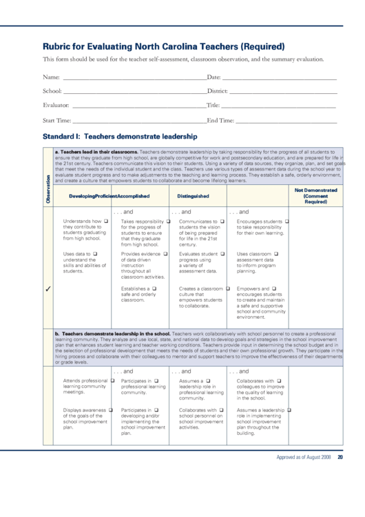 Fillable Rubric For Evaluating North Carolina Teachers (Required) Printable pdf