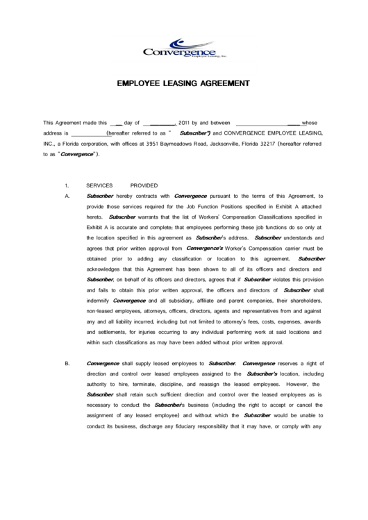 Employee Leasing Agreement Printable pdf