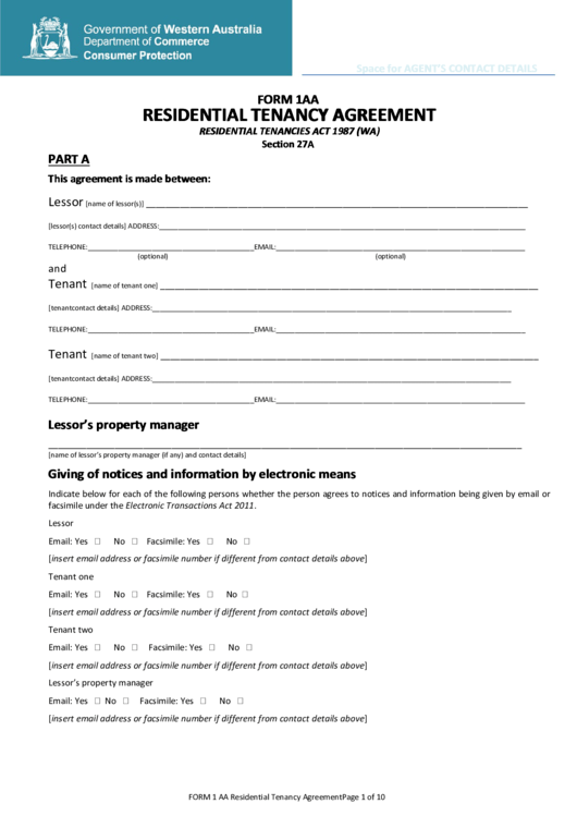 Form 1aa Residential Tenancy Agreement Printable Pdf Download