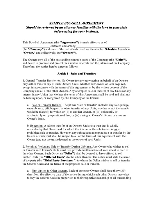 Sample Buy-Sell Agreement Printable pdf