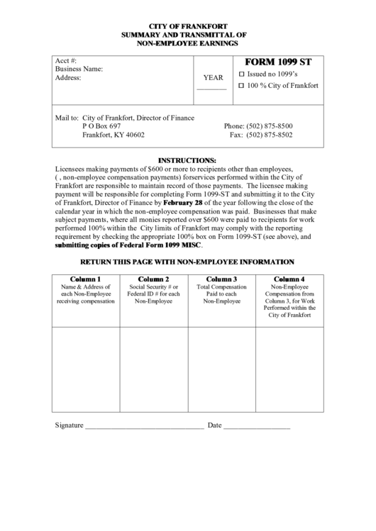 Fillable Form 1099 St - City Of Frankfort Summary And Transmittal Of Non-Employee Earnings Printable pdf