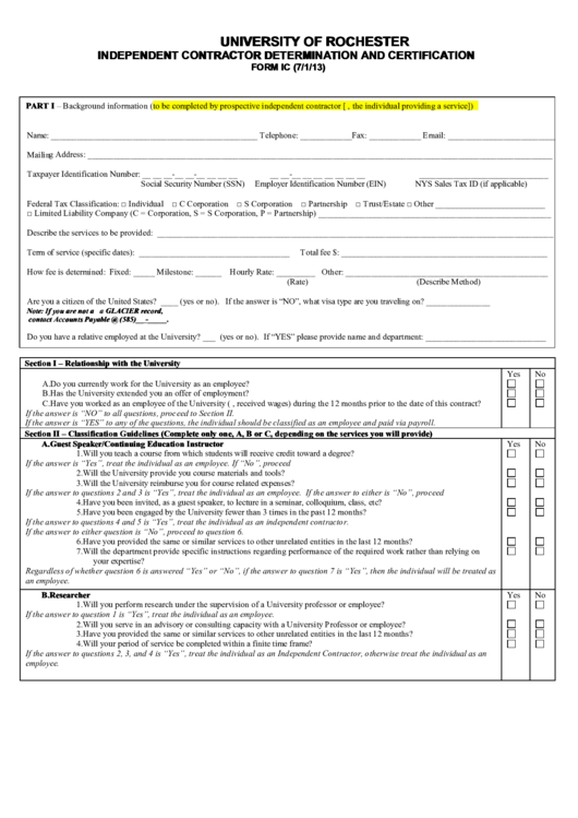 University Of Rochester Independent Contractor Determination And Certification Form Ic (7/1/13)