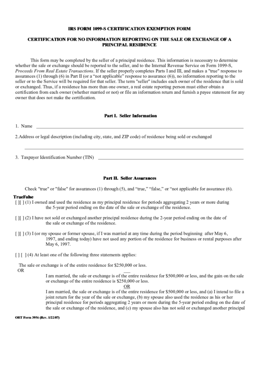 Irs Form 1099-S - Certification Exemption Form Printable pdf