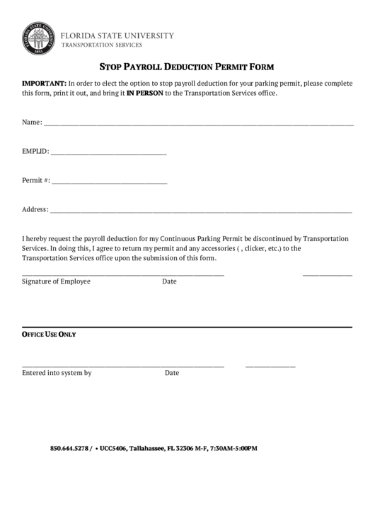 Stop Payroll Deduction Permit Form Printable pdf