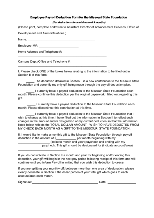 Employee Payroll Deduction Form For The Missouri State Foundation Printable pdf