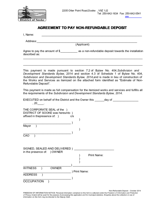 Agreement To Pay Non-Refundable Deposit Printable pdf