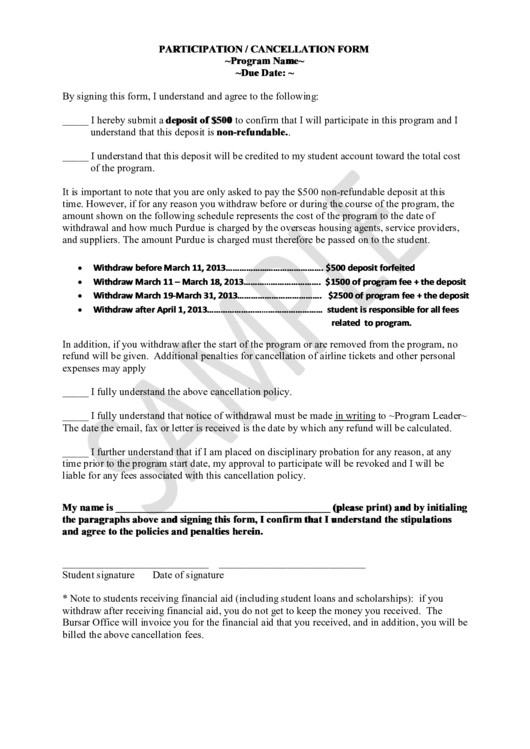 Participation / Cancellation Form Printable pdf