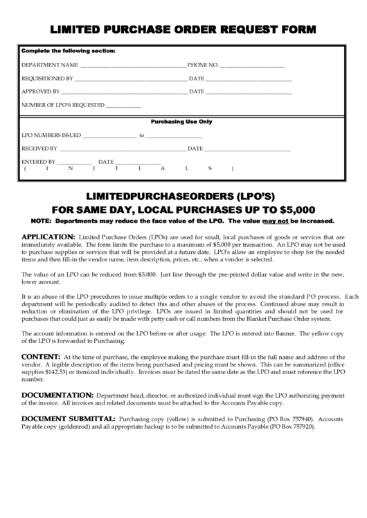 Limited Purchase Order Request Form Printable pdf