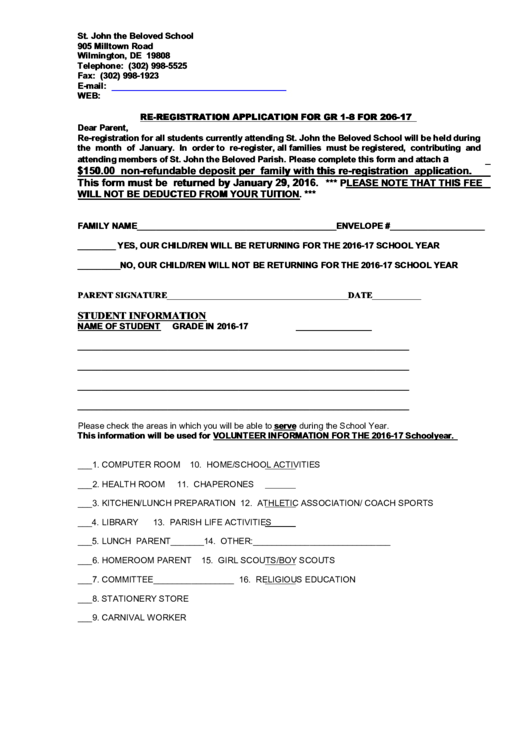 Re-Registration Application For Gr 1-8 For 206-17 Printable pdf