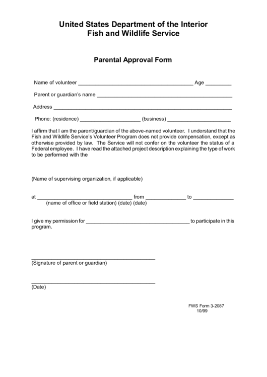 Fillable Parental Approval Form Printable pdf