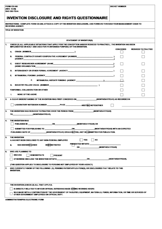 Fillable Form Cd-240 - Invention Disclosure And Rights Questionnaire - U.s. Department Of Commerce Printable pdf