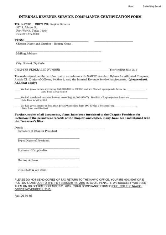 Fillable Internal Revenue Service Compliance Certification Form Printable pdf