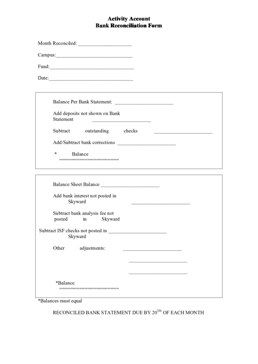 Activity Account Bank Reconciliation Form Printable pdf