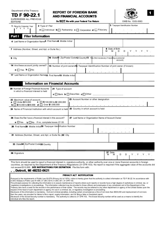 Form Td F 90-22.1 - Report Of Foreign Bank And Financial Accounts Printable pdf