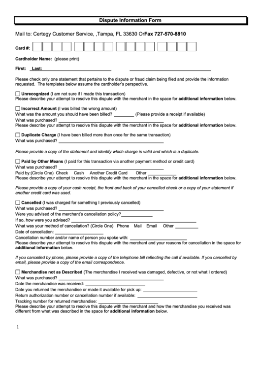 Dispute Information Form Printable pdf