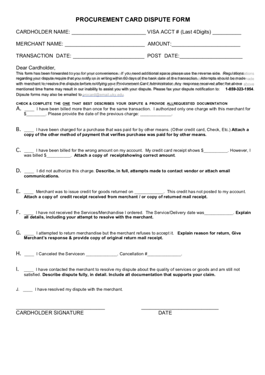 Procurement Card Dispute Form Printable pdf