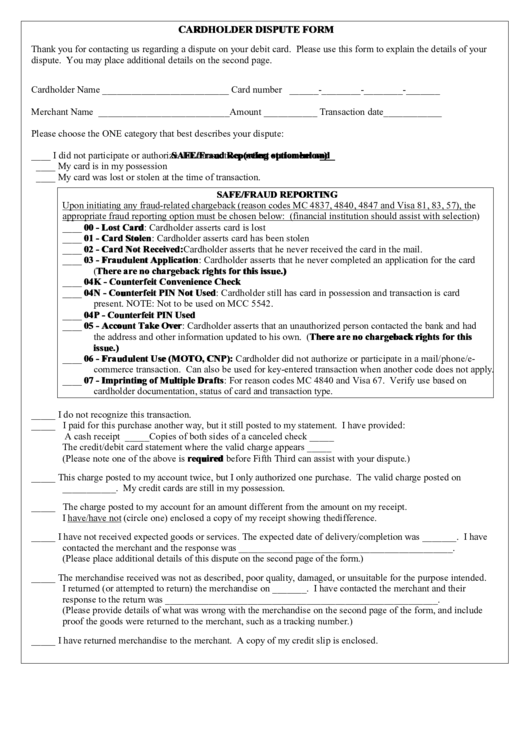 Cardholder Dispute Form Printable pdf