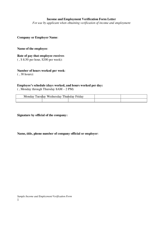 Income And Employment Verification Form Letter Printable pdf