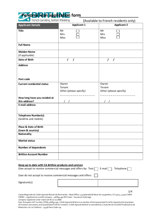 Personal Loan Application Form Printable pdf