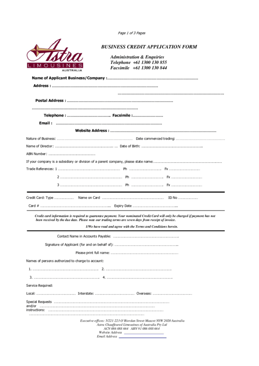 Astra Limousines Business Credit Application Form