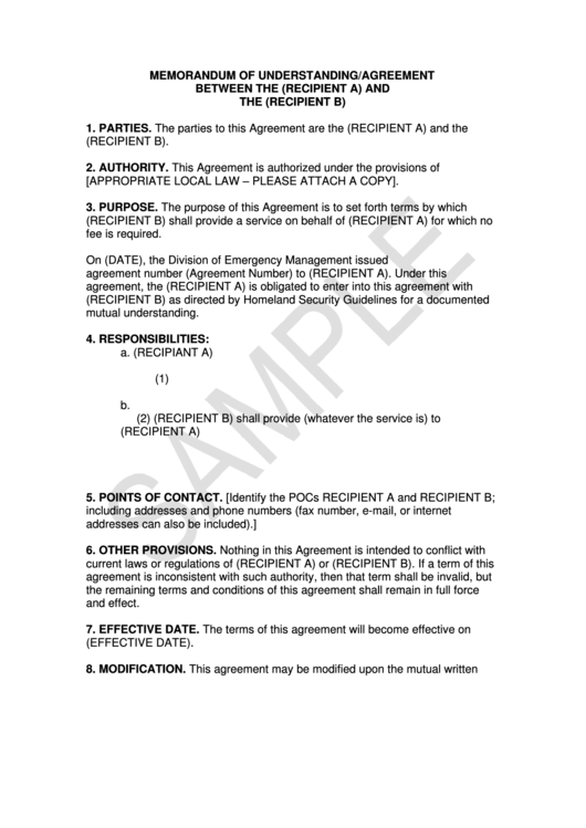 Memorandum Of Understanding/agreement Between The (Recipient A) And The (Recipient B) Printable pdf