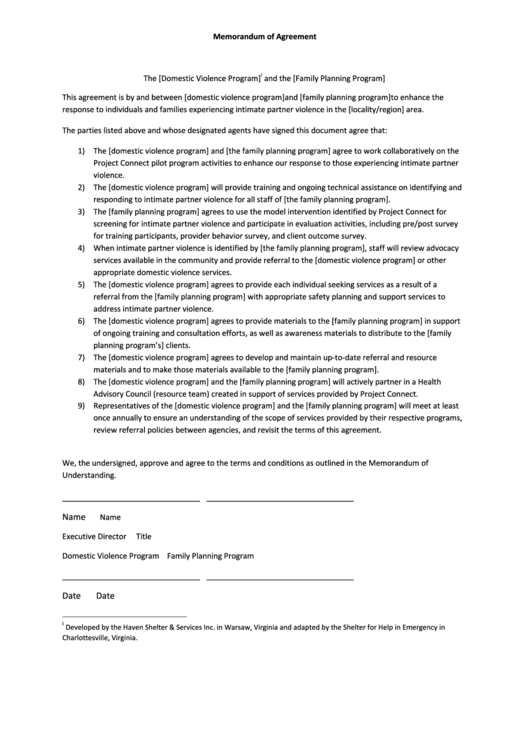 Memorandum Of Agreement Printable pdf
