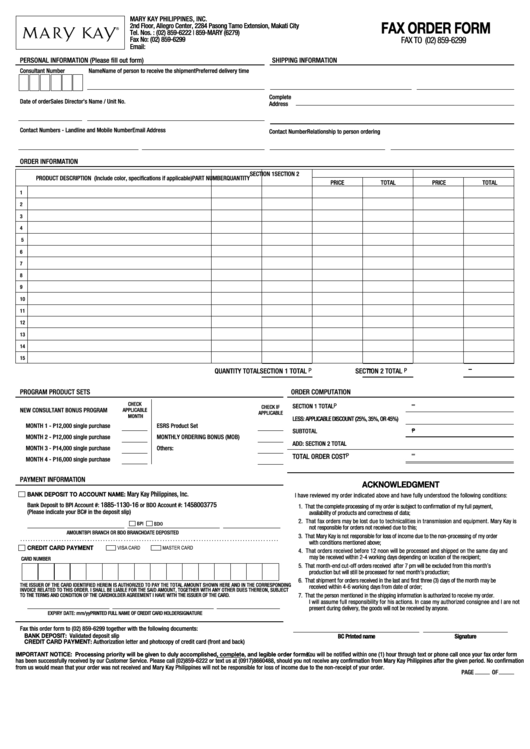 Fax Order Form - Mary Kay Philippines Printable pdf
