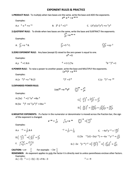Exponent Practice Worksheet Printable pdf