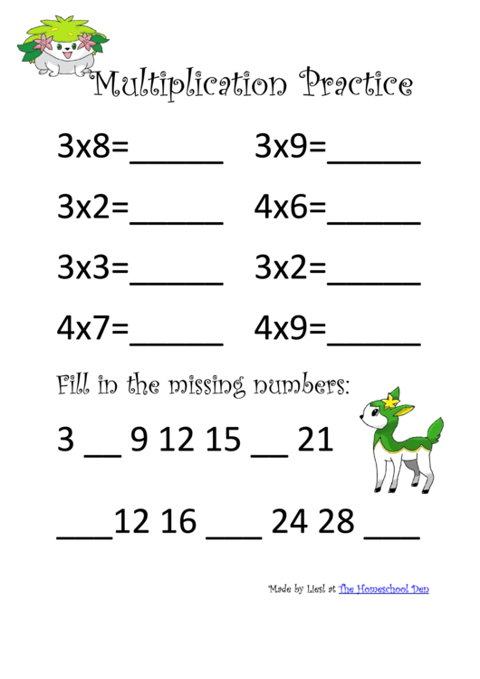 Multiplication Practice Sheets 3s Through 6s (Pokemon) Printable pdf