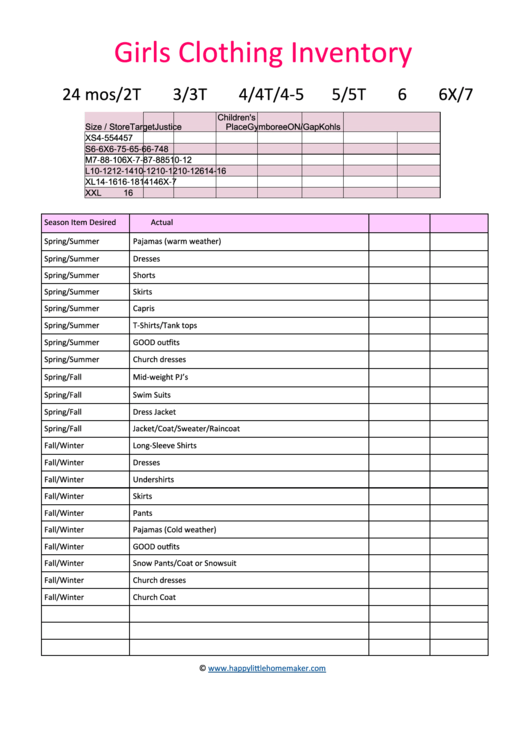 Girls Clothing Inventory Template Printable pdf