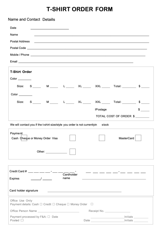 Fillable T-Shirt Order Form Printable pdf