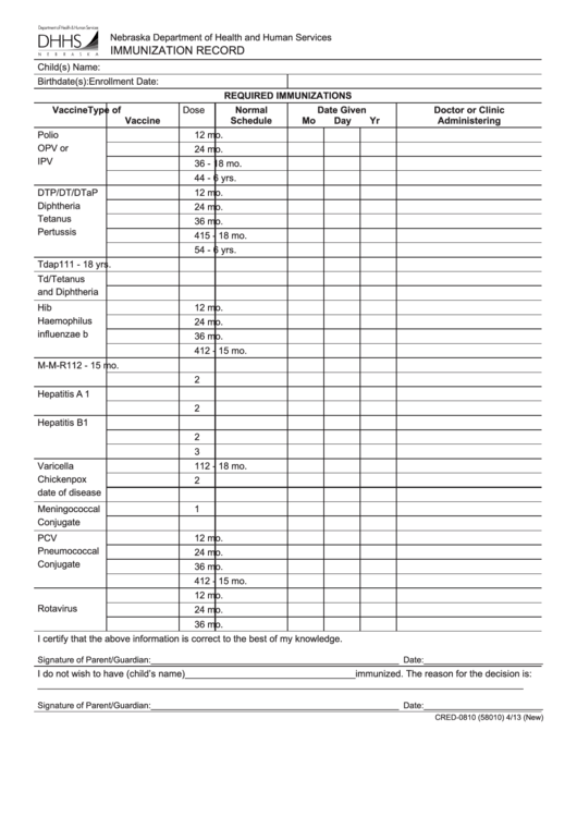 Fillable Immunization Record Printable pdf
