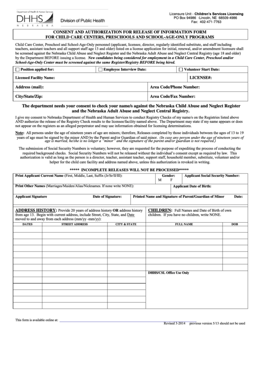 Fillable Consent And Authorization For Release Of Information Form For Child Care Centers, Preschools And School-Age-Only Programs Printable pdf