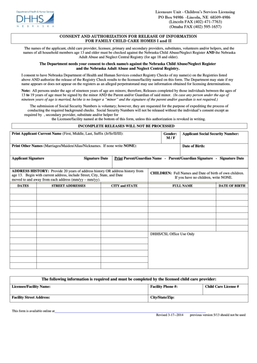 Fillable Consent And Authorization For Release Of Information For Family Child Care Homes Form Printable pdf