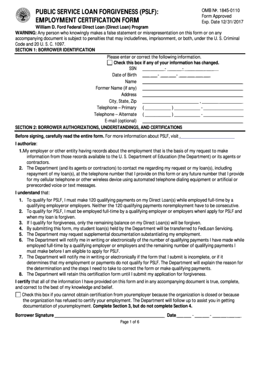 Public Service Loan Forgiveness (Pslf): Employment Certification Form Printable pdf