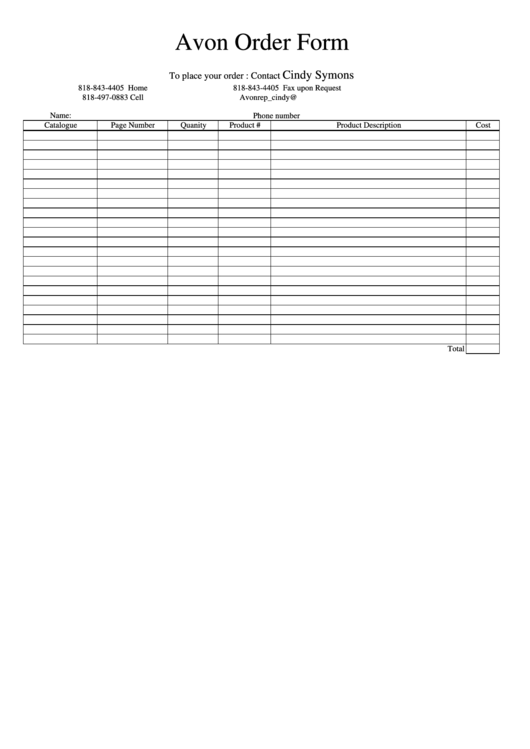 Avon Order Form printable pdf download