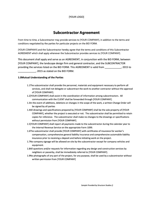 Subcontractor Agreement Printable pdf