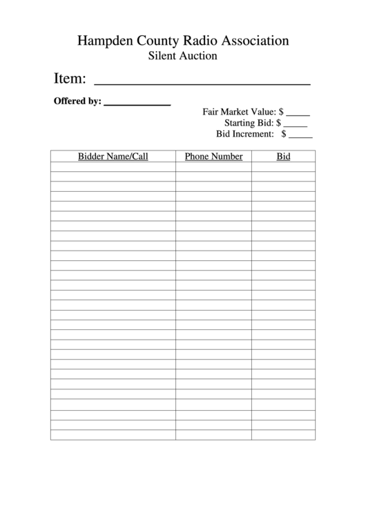Hampden County Radio Association Silent Auction Sheet Printable pdf