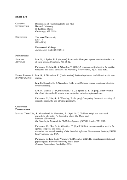 Academic Cv Template - Sample (Psychology) Printable pdf