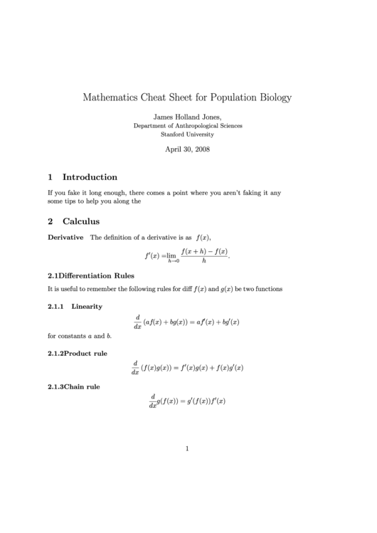 Mathematics Cheat Sheet For Population Biology Printable pdf
