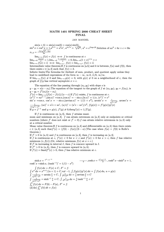 Math 1401 Spring 2000 Cheat Sheet Printable pdf