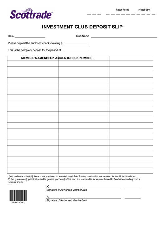 Fillable Investment Club Deposit Form Printable pdf