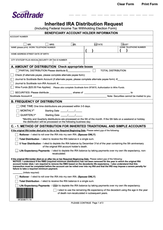 Fillable Inherited Ira Distribution Request Form Printable pdf