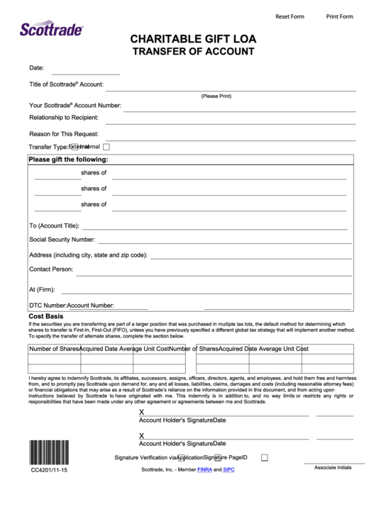 Fillable Charitable Gift Loa - Transfer Of Account Form Printable pdf