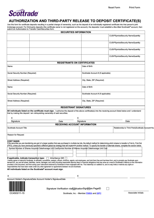 Fillable Authorization & Third Party Release To Deposit Certificates - Scottrade Printable pdf