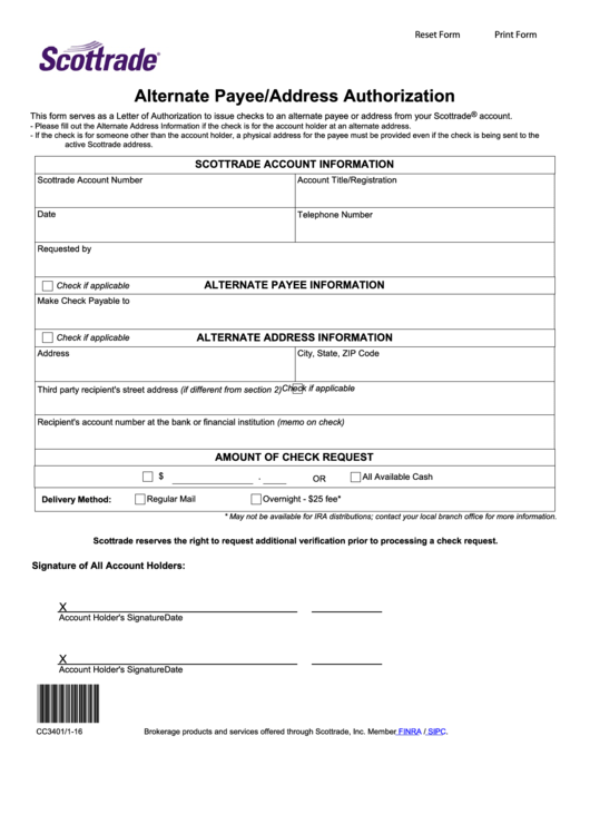 Fillable Alternate Payee/address Authorization Form Printable pdf