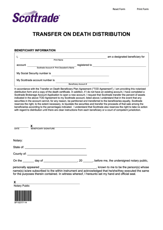 Fillable Transfer On Death Distribution Form Printable pdf